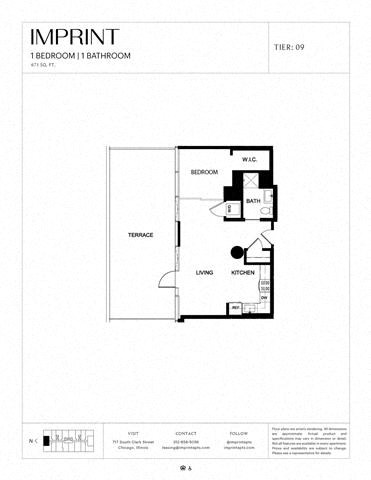 Floor plan for 1 bed, 1 bath, 671 sqft
