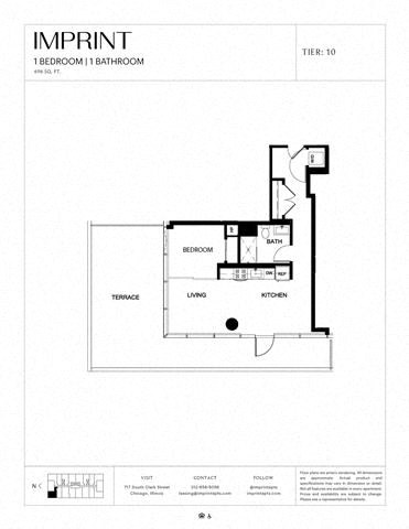 Floor plan for 1 bed, 1 bath, 696 sqft