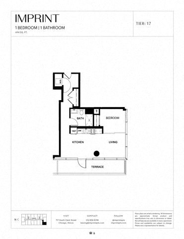 Floor plan for 1 bed, 1 bath, 694 sqft