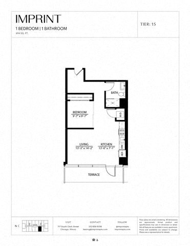 Floor plan for 1 bed, 1 bath, 694 sqft