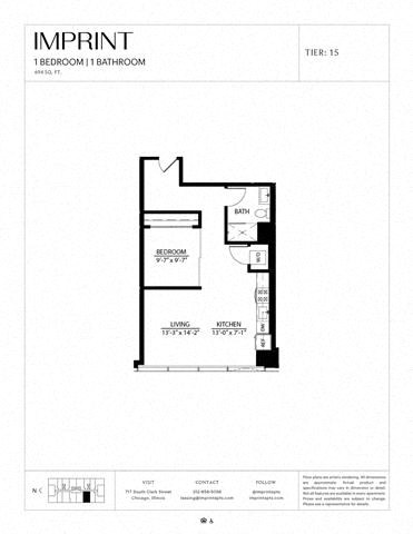 Floor plan for 1 bed, 1 bath, 694 sqft