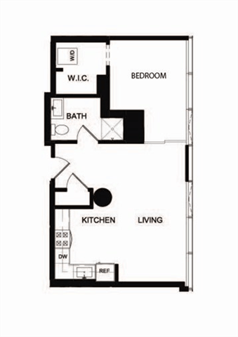 Floor plan for 1 bed, 1 bath, 673 sqft