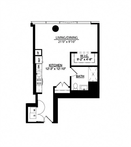 Floor plan for studio, 1 bath, 648 sqft