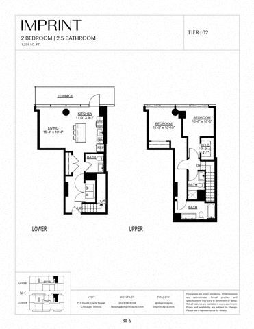 Floor plan for 2 beds, 2.5 baths, 1259 sqft