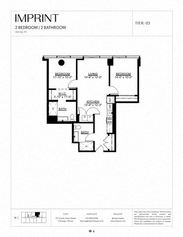 Floor plan for 2 beds, 2 baths, 923 sqft