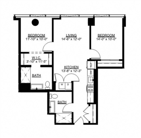 Floor plan for 2 beds, 2 baths, 944 sqft