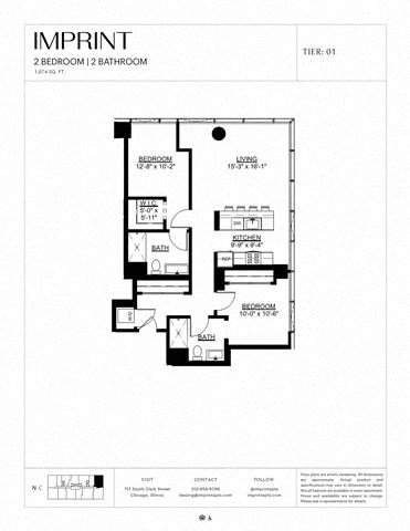 Floor plan for 2 beds, 2 baths, 1074 sqft