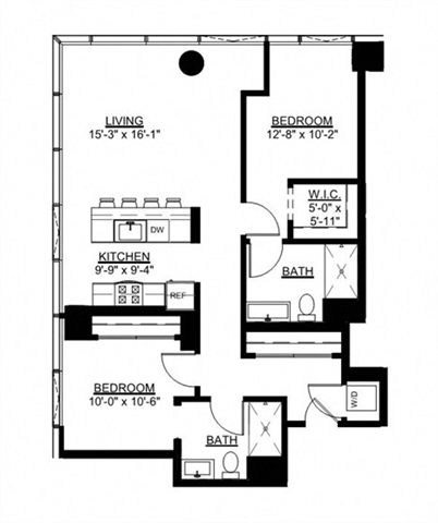 Floor plan for 2 beds, 2 baths, 1077 sqft