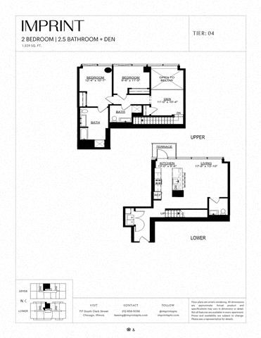 Floor plan for 2 beds, 2.5 baths, 1529 sqft