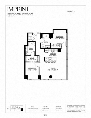 Floor plan for 2 beds, 2 baths, 1121 sqft