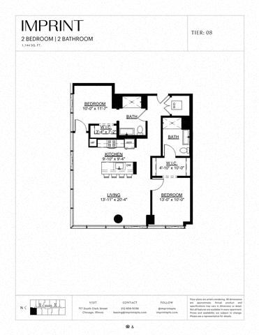 Floor plan for 2 beds, 2 baths, 1144 sqft