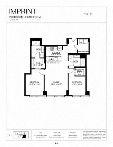 Floor plan for 2 beds, 2 baths, 1173 sqft