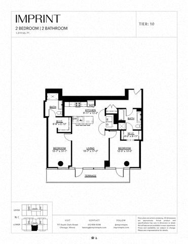 Floor plan for 2 beds, 2 baths, 1319 sqft
