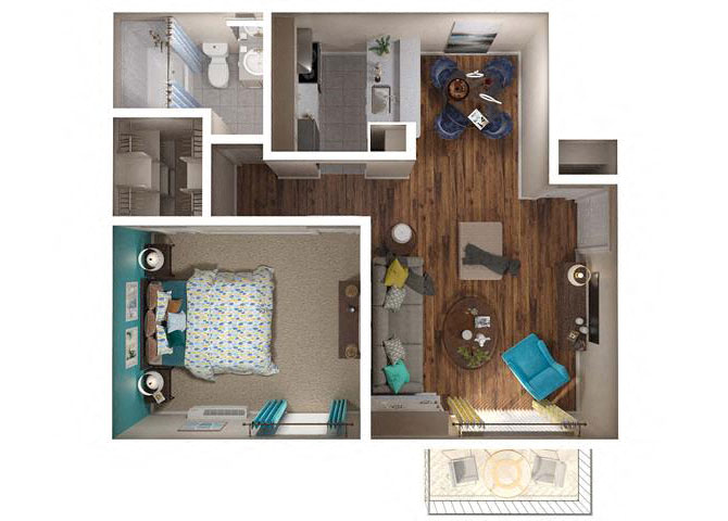 Floor plan for 1 bed, 1 bath, 610 sqft