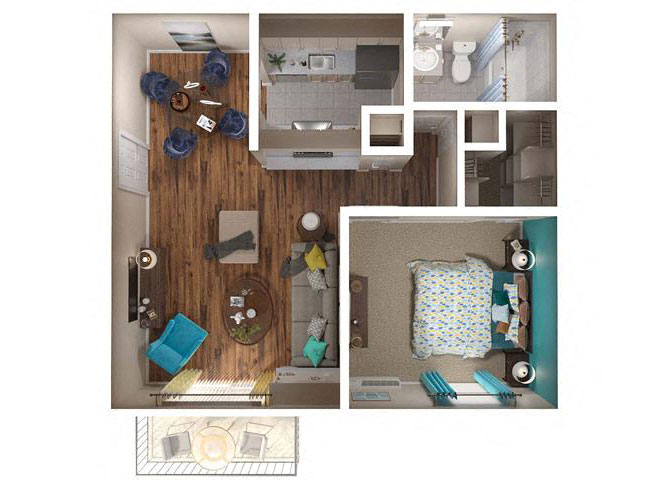 Floor plan for 1 bed, 1 bath, 610 sqft