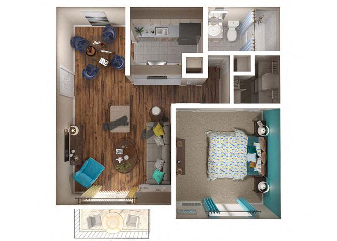 Floor plan for 1 bed, 1 bath, 631 sqft