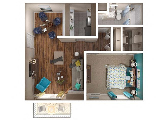 Floor plan for 1 bed, 1 bath, 638 sqft