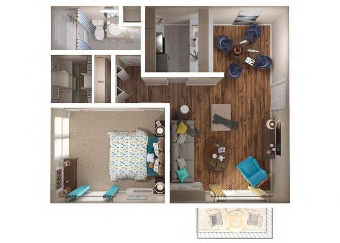 Floor plan for 1 bed, 1 bath, 645 sqft