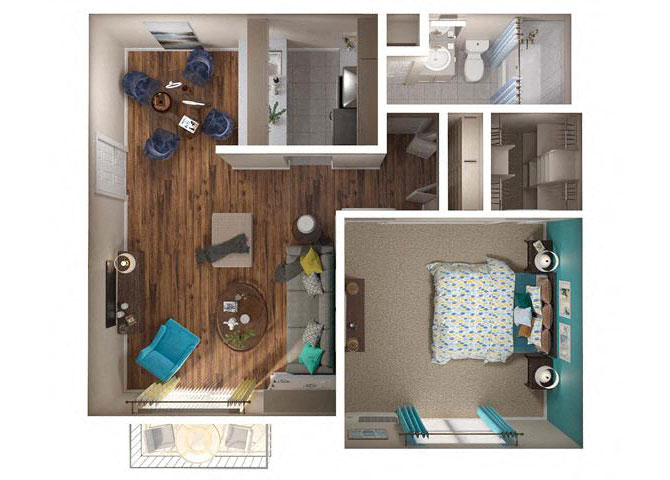 Floor plan for 1 bed, 1 bath, 675 sqft