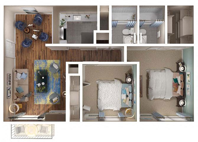 Floor plan for 2 beds, 2 baths, 870 sqft