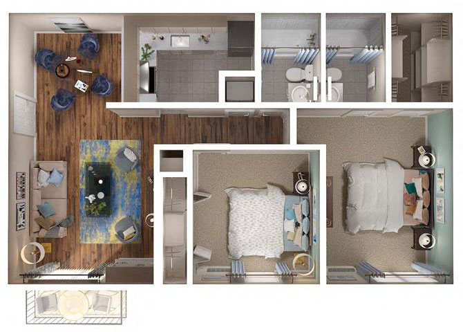 Floor plan for 2 beds, 2 baths, 870 sqft
