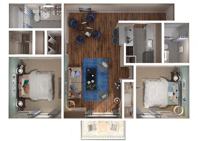 Floor plan for 2 beds, 2 baths, 870 sqft