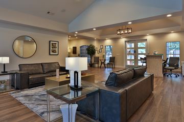 San Antonio apartment for rent - A modern living room with a glass coffee table and dark brown leather couches.