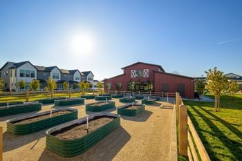 A sunny day at a farm with a red barn and green raised garden beds.