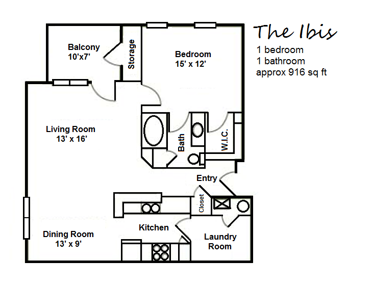 Floor plan for 1 bed, 1 bath, 916 sqft