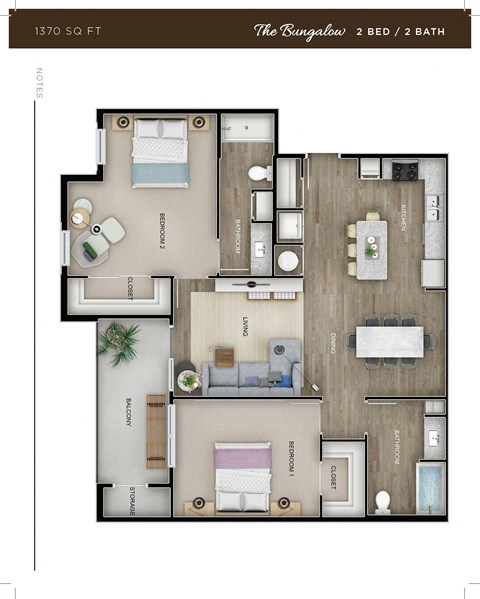 Floor plan for 2 beds, 2 baths, 1367 sqft