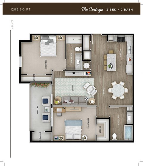 Floor plan for 2 beds, 2 baths, 1282 sqft