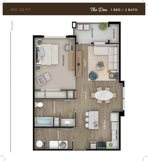 Floor plan for 1 bed, 1 bath, 829 sqft