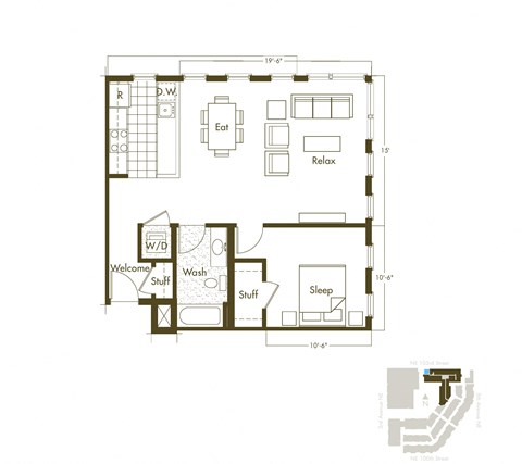 Floor plan for 1 bed, 1 bath, 761 sqft