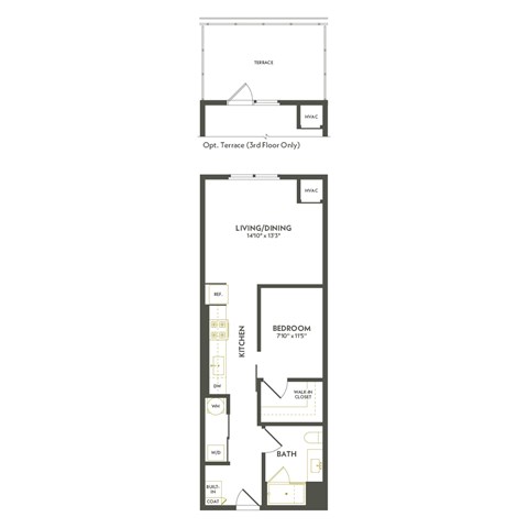Floor plan for 1 bed, 1 bath, 650 sqft
