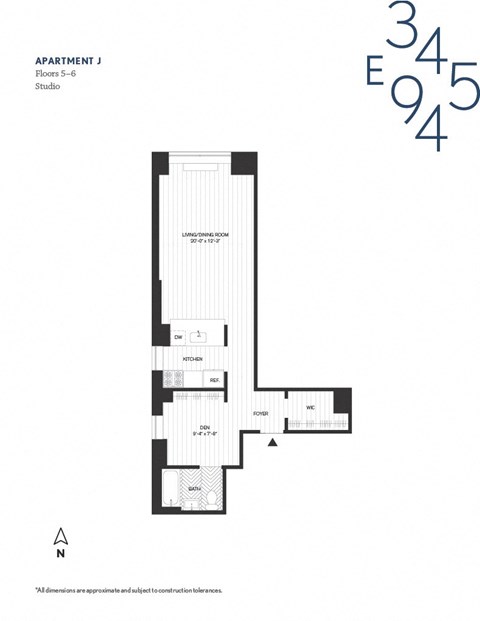 Floor plan for studio, 1 bath, 633 sqft