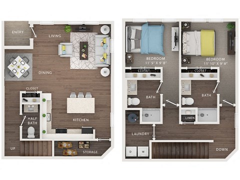 Floor plan for 2 beds, 2.5 baths, 1522 sqft