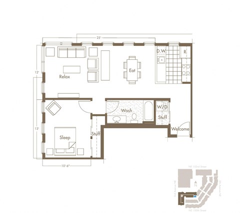 Floor plan for 1 bed, 1 bath, 807 sqft