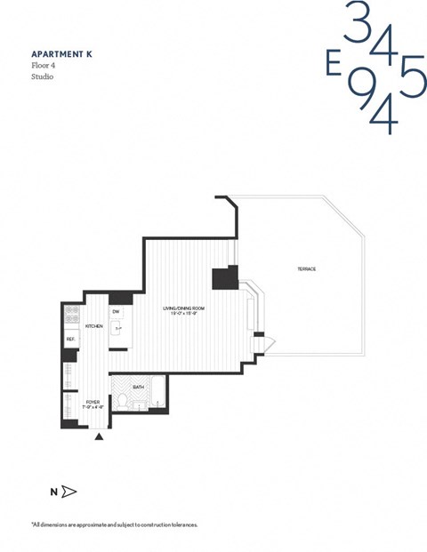 Floor plan for studio, 1 bath, 535 sqft