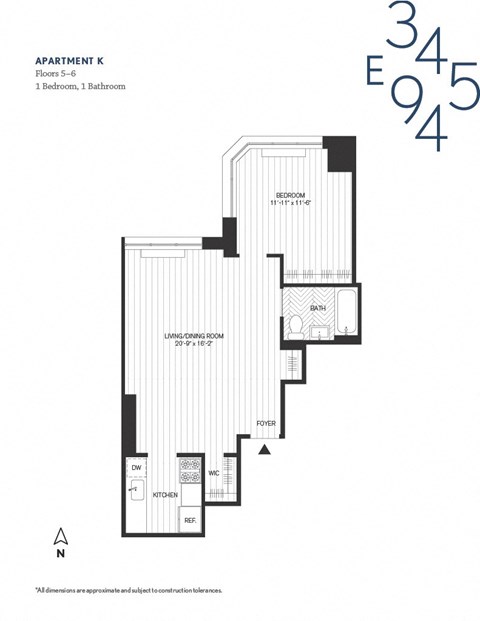 Floor plan for 1 bed, 1 bath, 659 sqft