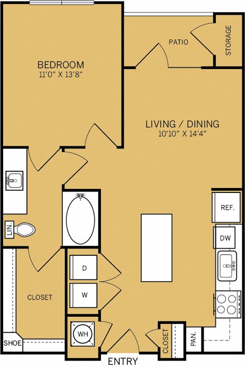 Floor plan for 1 bed, 1 bath, 722 sqft