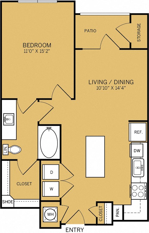 Floor plan for 1 bed, 1 bath, 739 sqft
