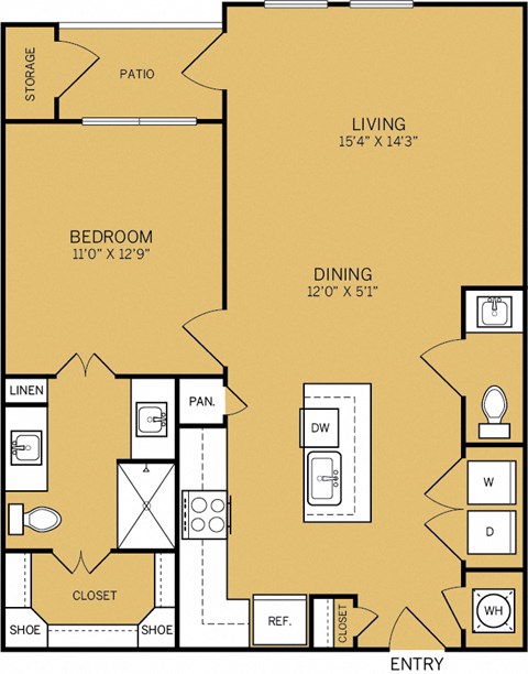 Floor plan for 1 bed, 1.5 baths, 861 sqft
