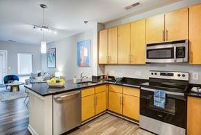 Washington apartment for rent - an apartment kitchen with stainless steel appliances and wooden cabinets