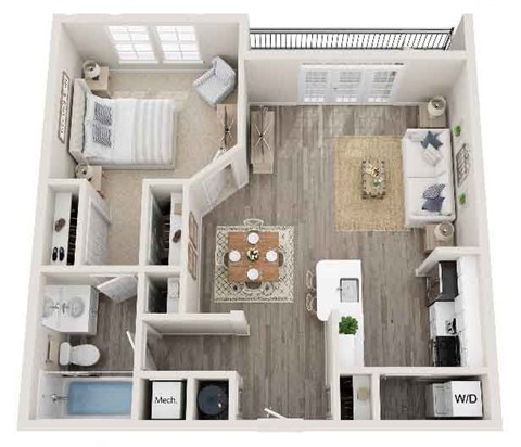 Floor plan for 1 bed, 1 bath, 710 sqft