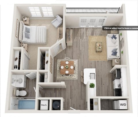 Floor plan for 1 bed, 1 bath, 710 sqft