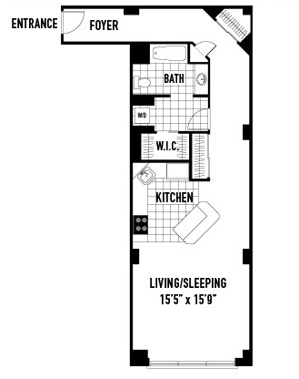 Floor plan for studio, 1 bath, 791 sqft