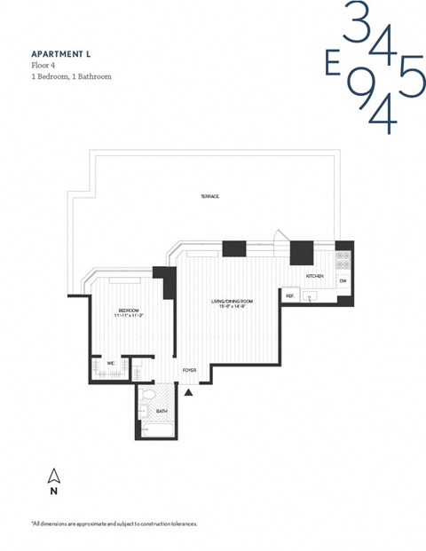 Floor plan for 1 bed, 1 bath, 619 sqft