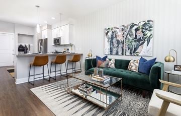 Parker apartment for rent - A modern living room with a green couch and a glass coffee table.