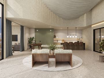 Inglewood apartment for rent - A modern living room with a circular wooden table and chairs.