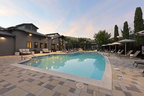 Larkspur apartment for rent - A swimming pool surrounded by a tiled patio and lounge chairs.